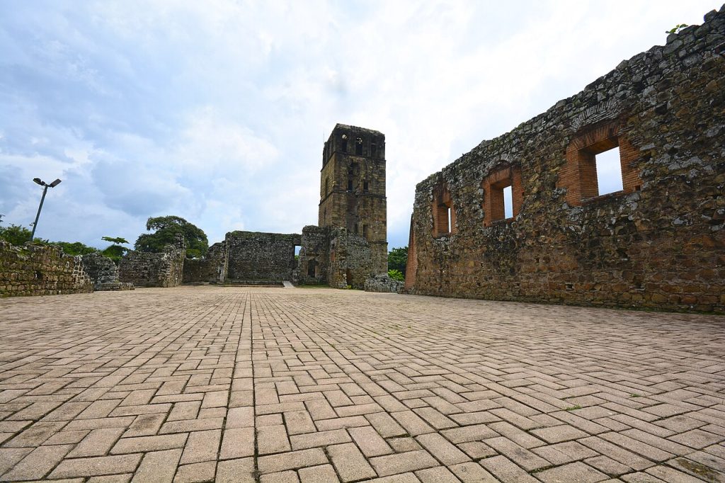 The cathedral tower among the ruins of Panama Viejo